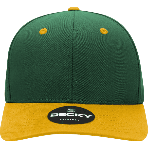 A green and gold structured cap with a flat brim and a logo on the front.