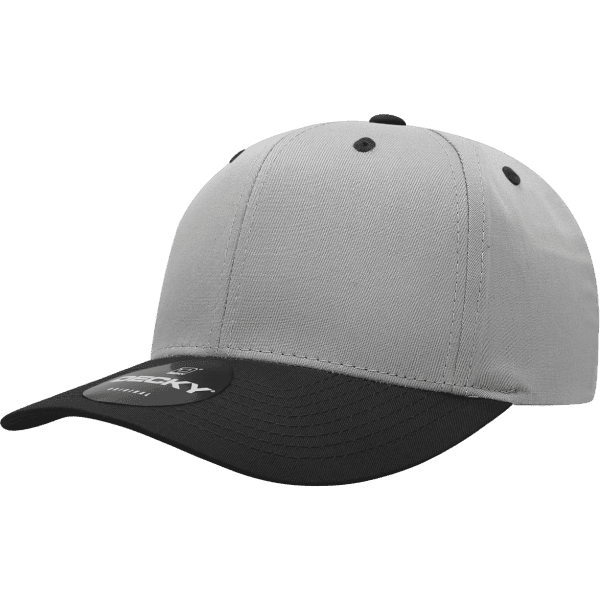 A grey and black six-panel cap featuring a logo on the front. Made from a cotton/poly blend.