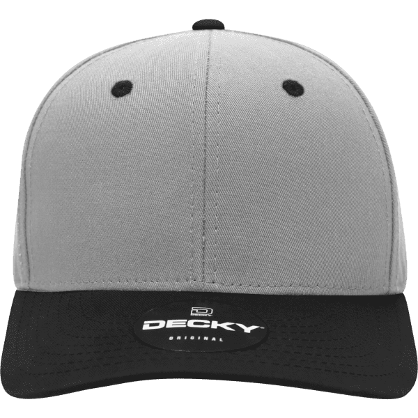 A grey and black 6 Panel Mid Profile Structured Cap featuring a front logo.