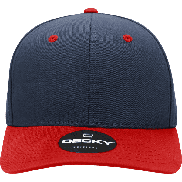 A structured cap in navy blue and red, featuring a logo on the front and a flat brim.