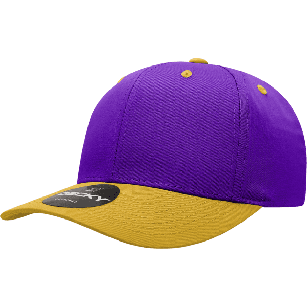 A purple and yellow six-panel mid-pro cap featuring a branded logo on the front.