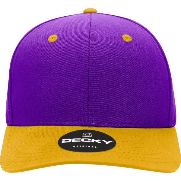 A purple and yellow 6-panel mid-profile structured cap with a logo on the front.