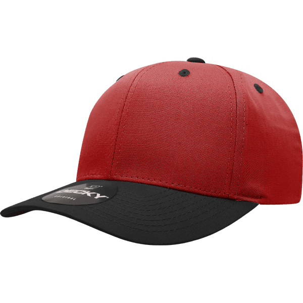 A red and black six-panel cap with a logo on the front. Made from a cotton/poly blend.
