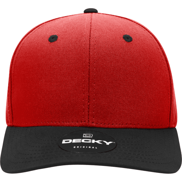 A red and black structured cap featuring a logo on the front. The cap has a mid profile design.