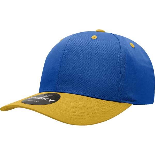 A blue and yellow 6-panel mid pro cotton/poly blend cap with a logo on the front.