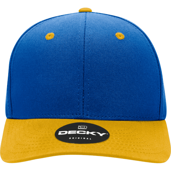 A structured cap featuring a blue body and a yellow brim, with a logo on the front.