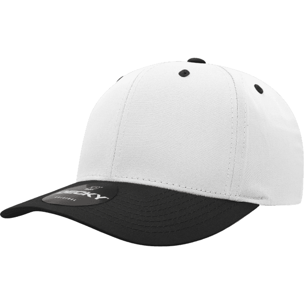 A white and black six-panel cap made from a cotton/poly blend, featuring a logo on the front.