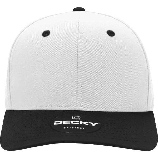 A structured cap featuring a white body and a black visor, with a logo on the front.