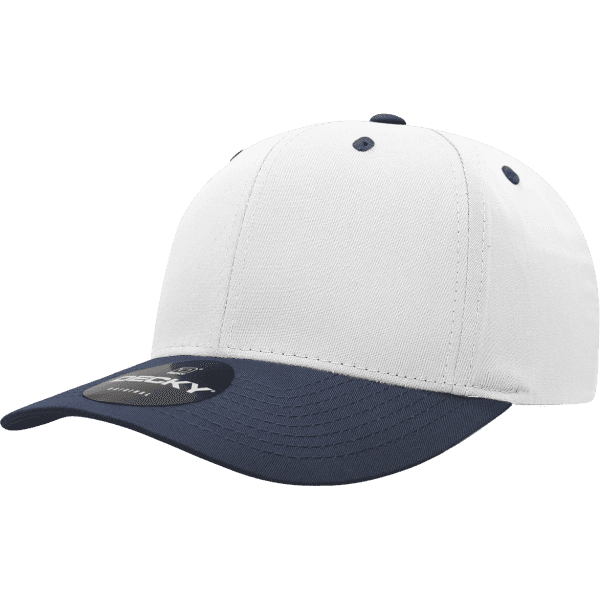 A structured cap featuring a white upper and navy peak, with a logo on the front.