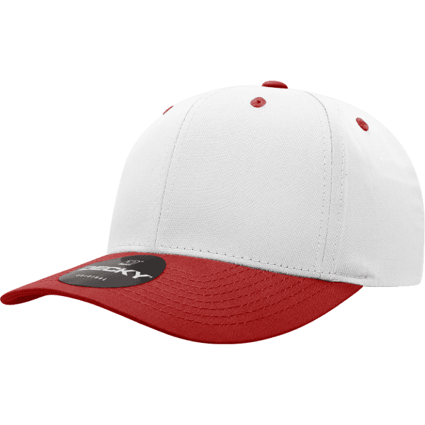 A white and red 6-panel mid pro cotton/poly blend cap featuring a logo on the front.