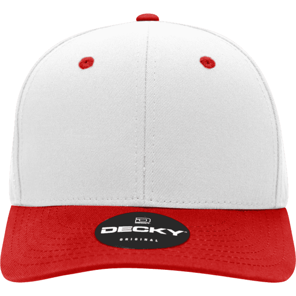 A structured cap featuring a white crown and red brim, with a logo on the front.