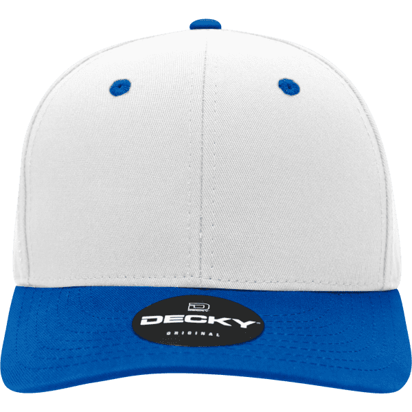 A mid-profile structured cap featuring a white front and a blue peak, with a logo on the front.