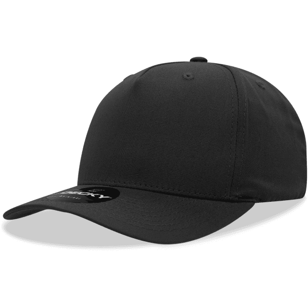 A black 5-panel mid-profile structured cap with a circular logo on the front.