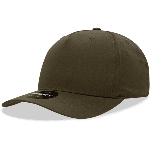 A 5-panel mid-profile structured cap in olive green featuring a logo on the front.