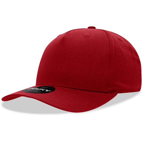 A red 5 Panel Mid Pro Cotton/Poly Blend Cap with a curved brim and a branding logo on the side.
