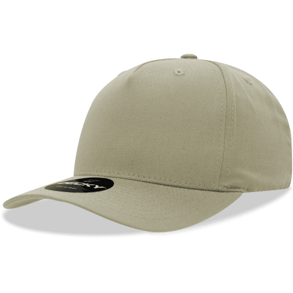 A beige 5-panel cap made of a cotton/poly blend, featuring a logo on the side.