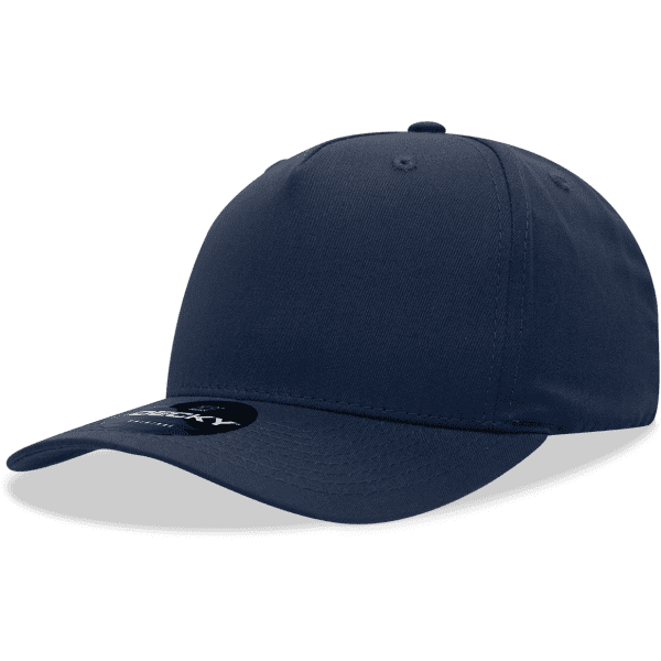 A navy blue 5 panel mid pro cotton/poly blend cap with a logo on the front.