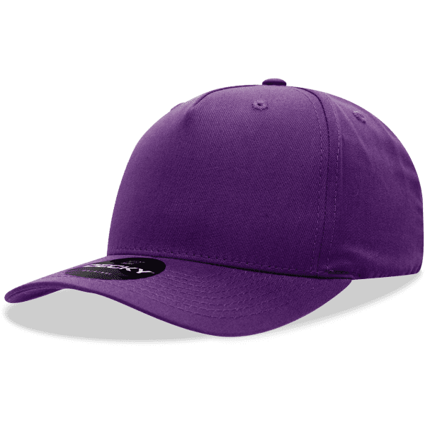 A purple 5 panel mid pro cotton/poly blend cap with a logo on the side.