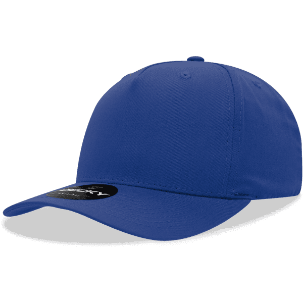 A blue 5 panel mid pro cotton/poly blend cap with a curved peak and a logo on the side.
