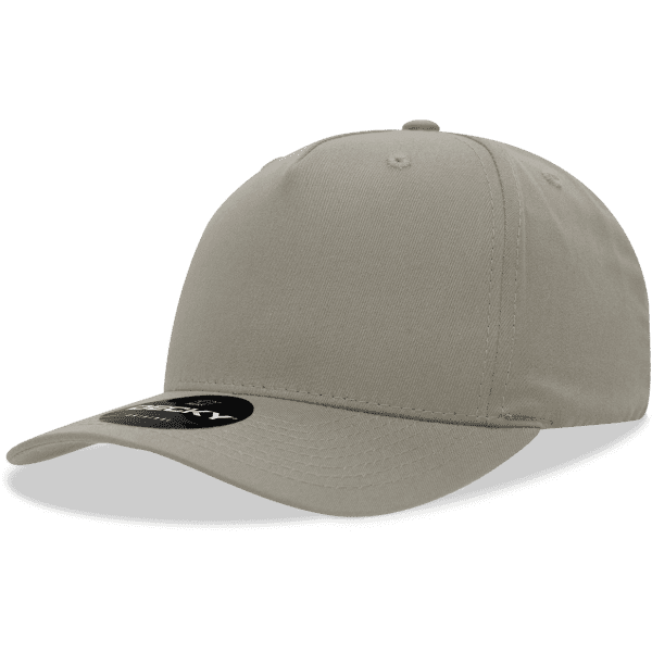 A light grey 5 panel mid-profile structured cap with a branded logo on the front.