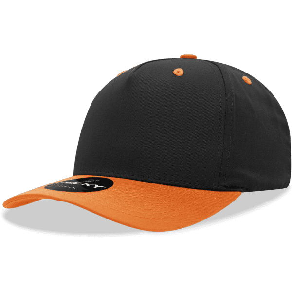 A black cap with a yellow peak and matching accents, featuring a logo on the front.