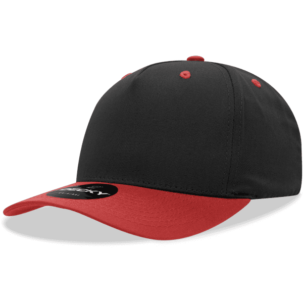 A black cap with a red peak and matching accents, featuring a logo on the front.