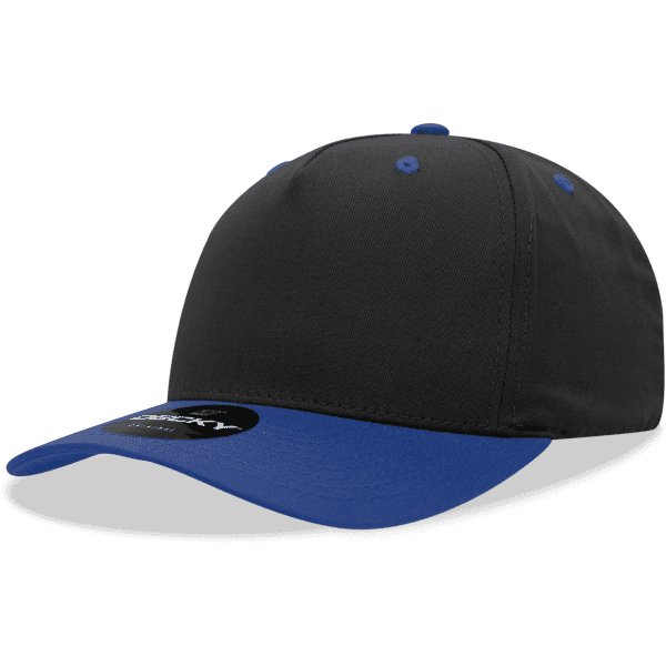 A black and blue 5 Panel Mid Pro Cotton/Poly Blend Cap with a logo on the front. Suitable for casual wear.