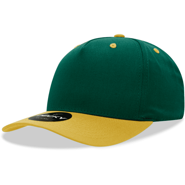 A green cap with a yellow brim and an embossed logo on the front.