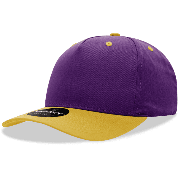 A purple cap with a yellow peak, featuring a logo on the front. It has a 5-panel design and a mid-profile style.