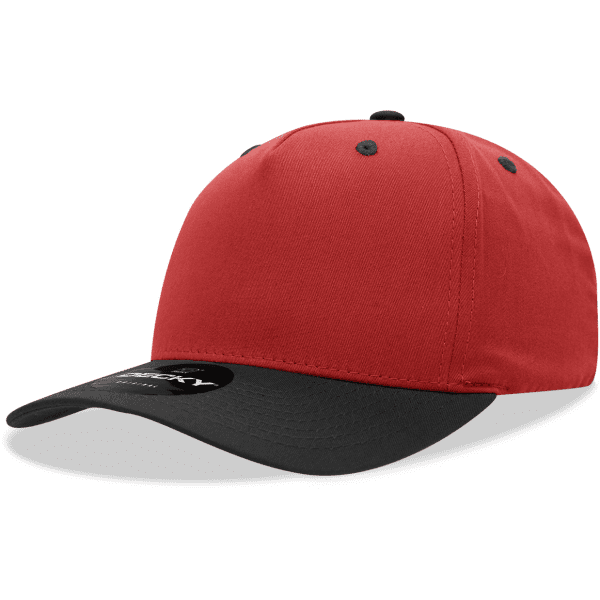 A red and black 5 panel mid pro cotton/poly blend cap featuring a logo on the front.