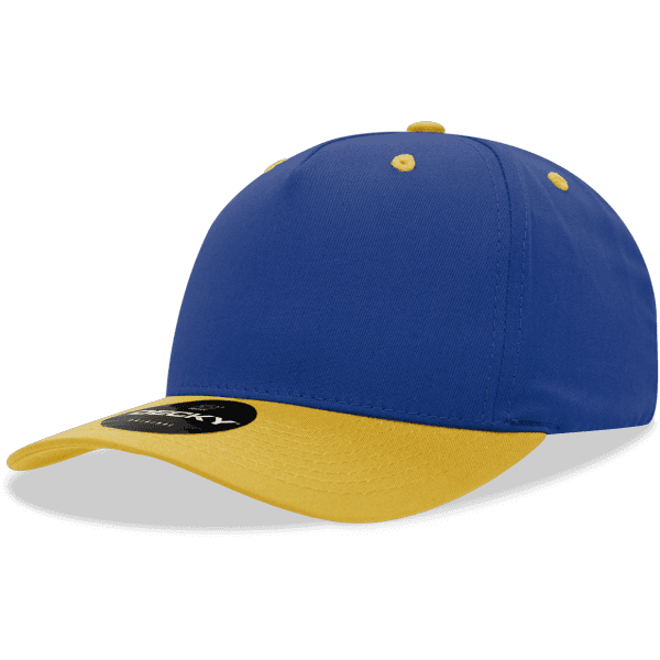 A blue and yellow 5-panel cap with a curved brim and a logo on the front.