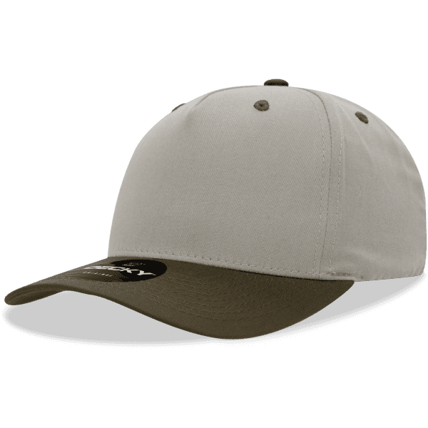 A mid-profile structured cap in light grey with a dark green brim and a logo on the front.