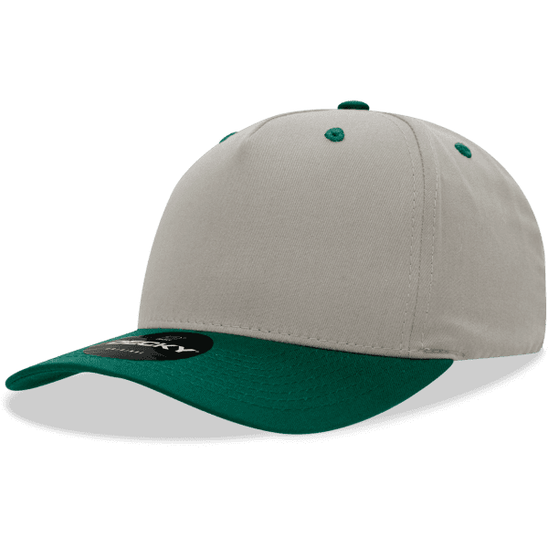 A grey and green 5 panel mid profile structured cap with a curved brim and a logo on the front.