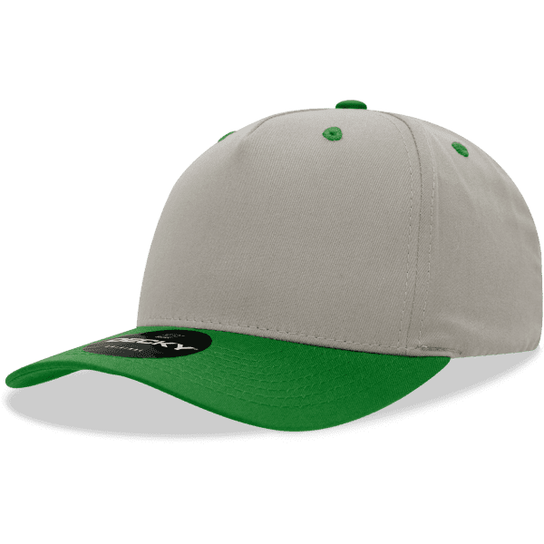 A grey cap with a green peak and buttons, featuring a structured five-panel design and a logo.
