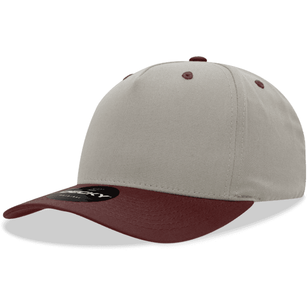 A structured cap featuring a mid-profile design with a grey body and maroon peak, complete with a logo.