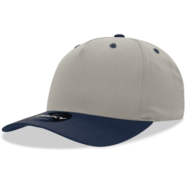 A grey and navy 5 panel mid profile structured cap with a circular logo on the front.