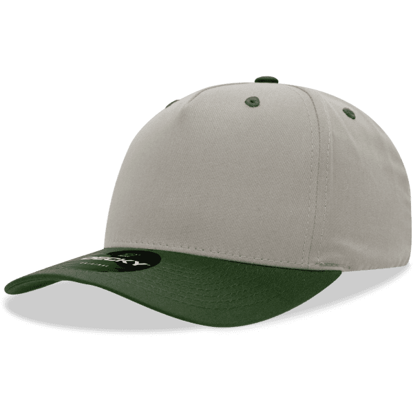 A mid-profile structured cap featuring a light grey body and a dark green peak. It has a logo on the front.