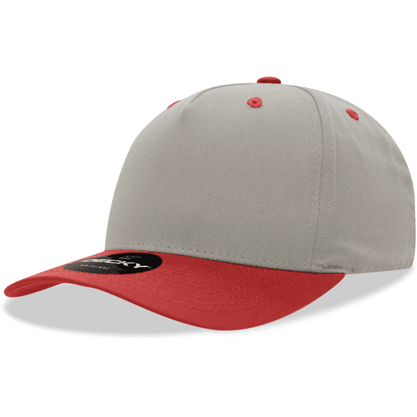 A mid-profile, structured cap in grey with a red brim and buttons, featuring a logo on the front.