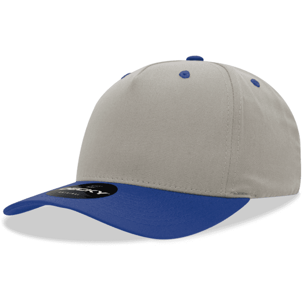 A grey cap with a blue peak and button, featuring a structured mid-profile design and a logo.