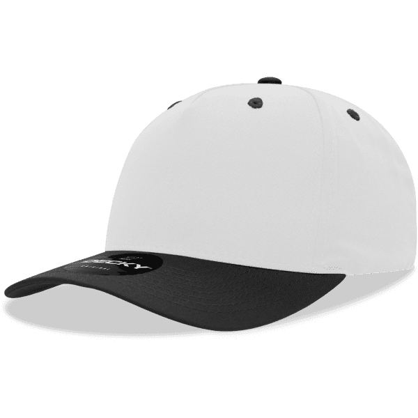A white 5-panel mid-profile structured cap with a black peak and a branded logo.