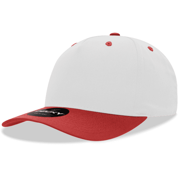 A five-panel cap in white with a red brim, featuring a logo on the front.