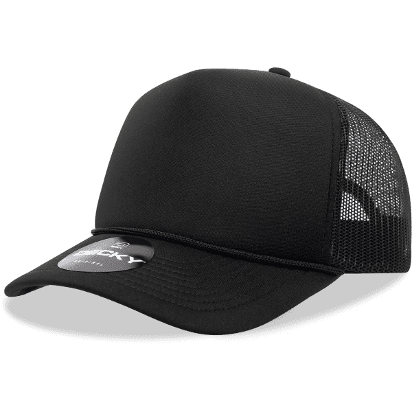 A black foam trucker cap with a structured mid-profile and mesh panels. It includes a logo on the front.