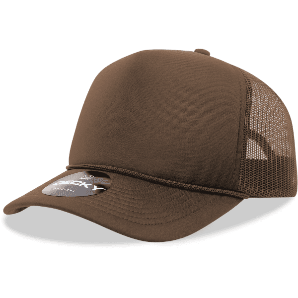 A brown foam trucker cap with mesh panels and a logo on the front.