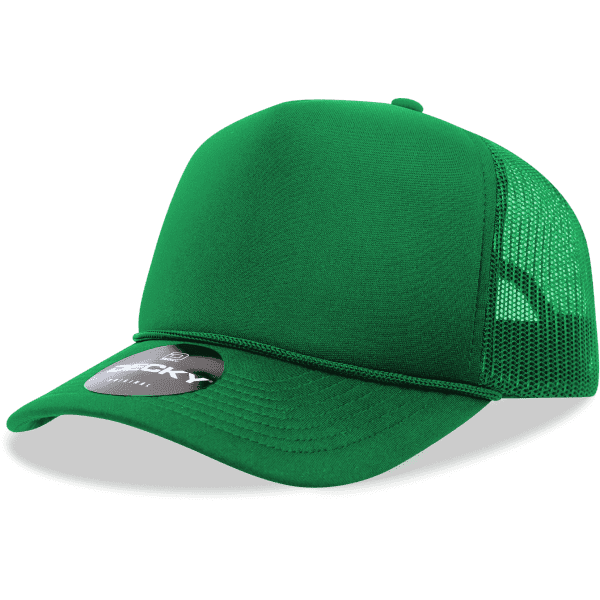A green 5 Panel Mid Pro Foam Trucker cap with a mesh back and a circular logo.