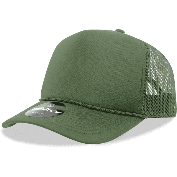 A green 5 Panel Mid Pro Foam Trucker cap with a mesh back and a logo on the front.