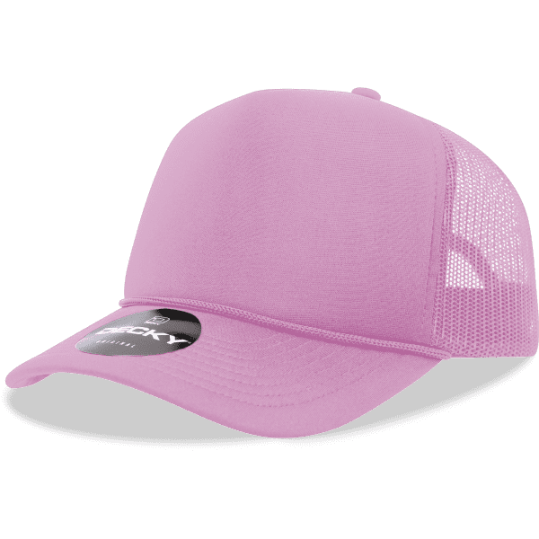A pink 5 Panel Mid Pro Foam Trucker cap with a mesh back and a round logo on the front.