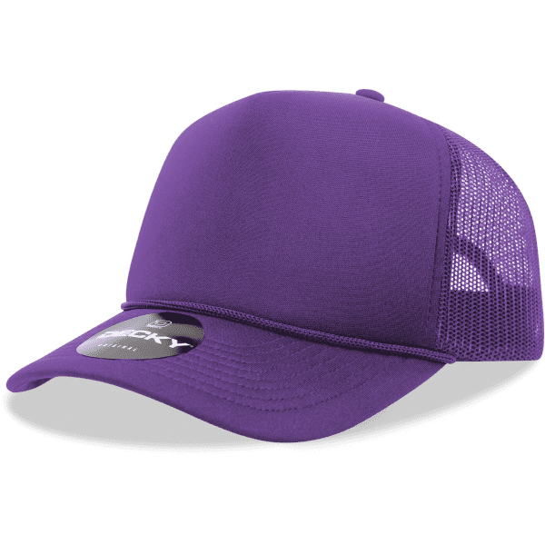 A purple foam trucker cap with a mesh back and a brand logo on the front.