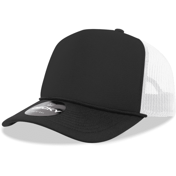 A black trucker cap with a white mesh back and a curved brim, featuring a logo on the front.