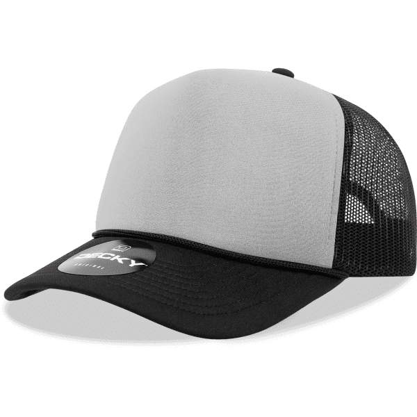 A grey and black 5 Panel Mid Pro Foam Trucker hat with a mesh back and a circular logo on the front.