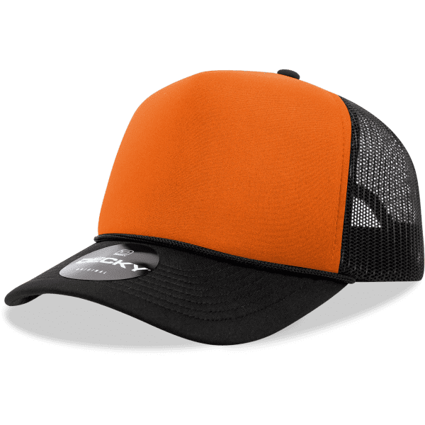 An orange and black 5 panel mid profile structured foam trucker cap with a mesh back and a branded tag.